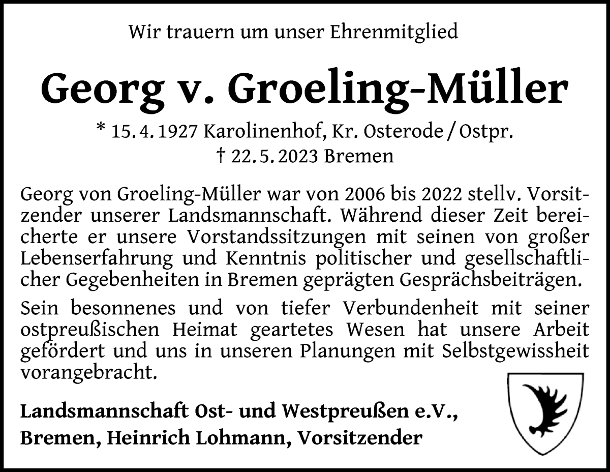  Traueranzeige für Georg von Groeling-Müller vom 03.06.2023 aus WESER-KURIER