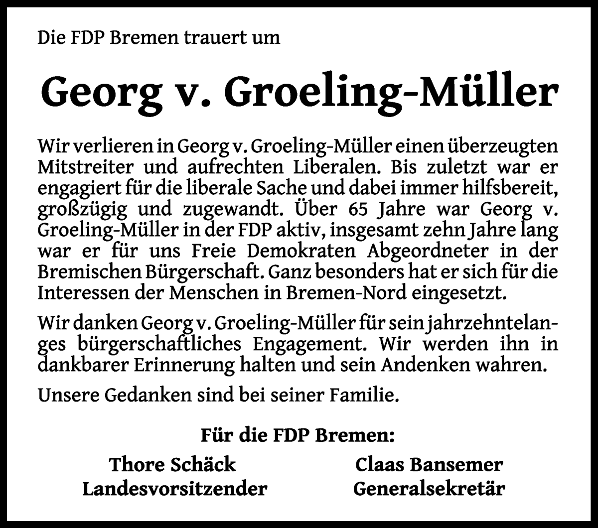 Traueranzeige von Georg von Groeling-Müller von WESER-KURIER