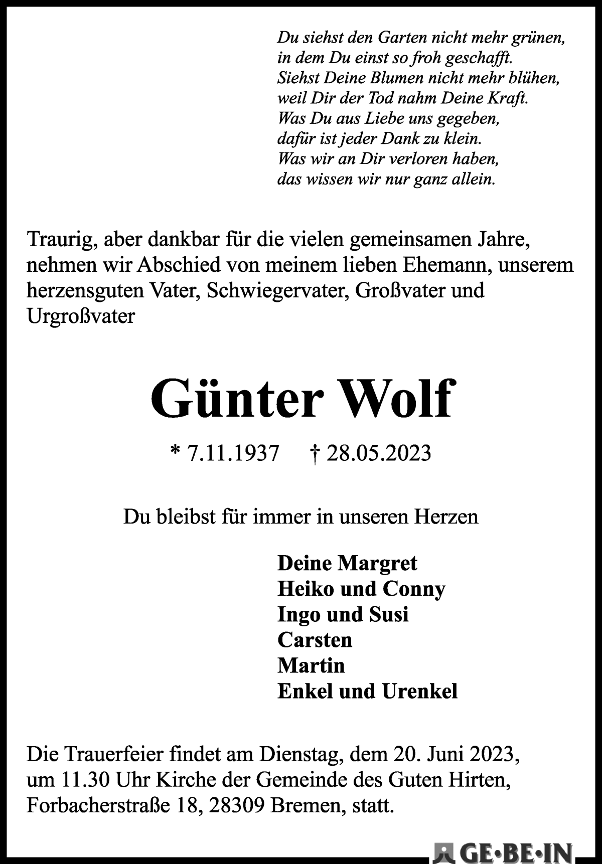 Traueranzeige von Günter Wolf von WESER-KURIER