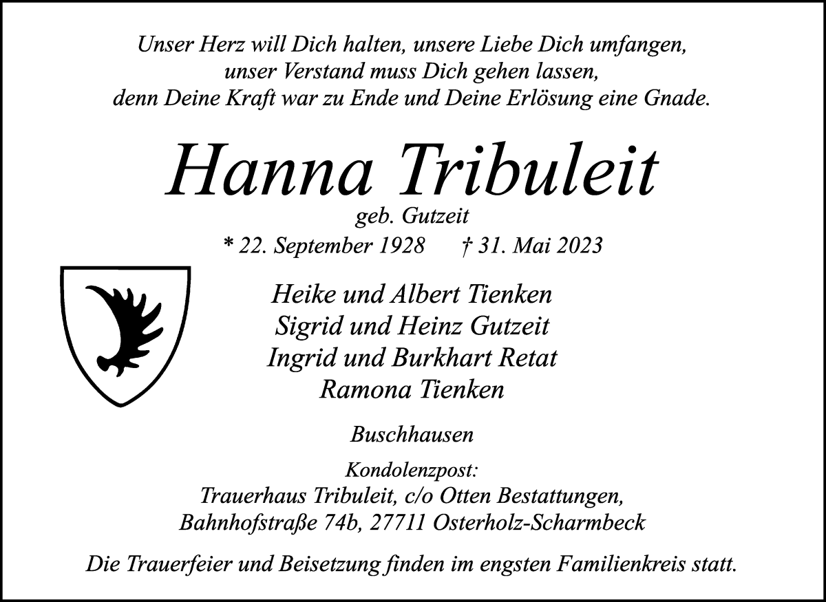 Traueranzeige von Hanna Tribuleit von Osterholzer Kreisblatt