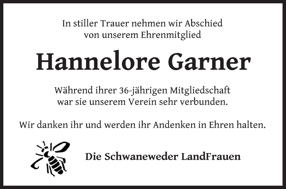 Traueranzeige von Hannelore Garner von Die Norddeutsche