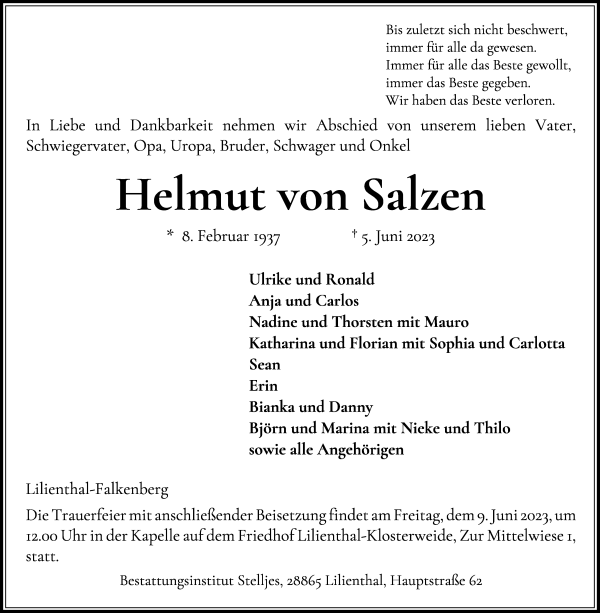 Traueranzeige von Helmut von Salzen von Wuemme Zeitung