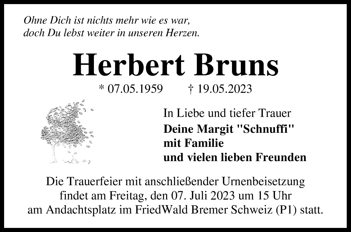 Traueranzeige von Herbert Bruns von WESER-KURIER