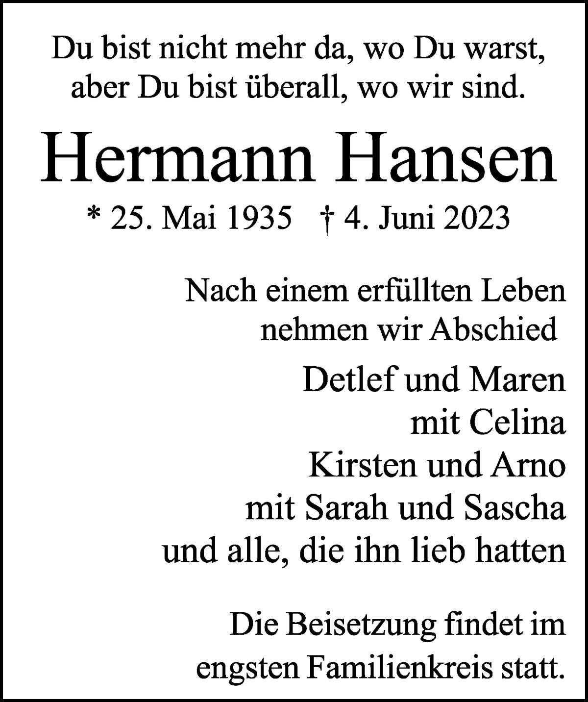 Traueranzeige von Hermann Hansen von Osterholzer Kreisblatt
