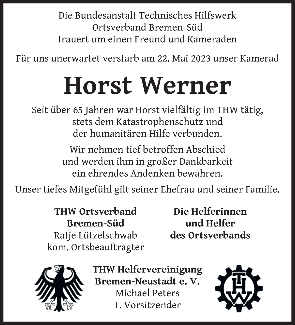 Traueranzeige von Horst Werner von WESER-KURIER