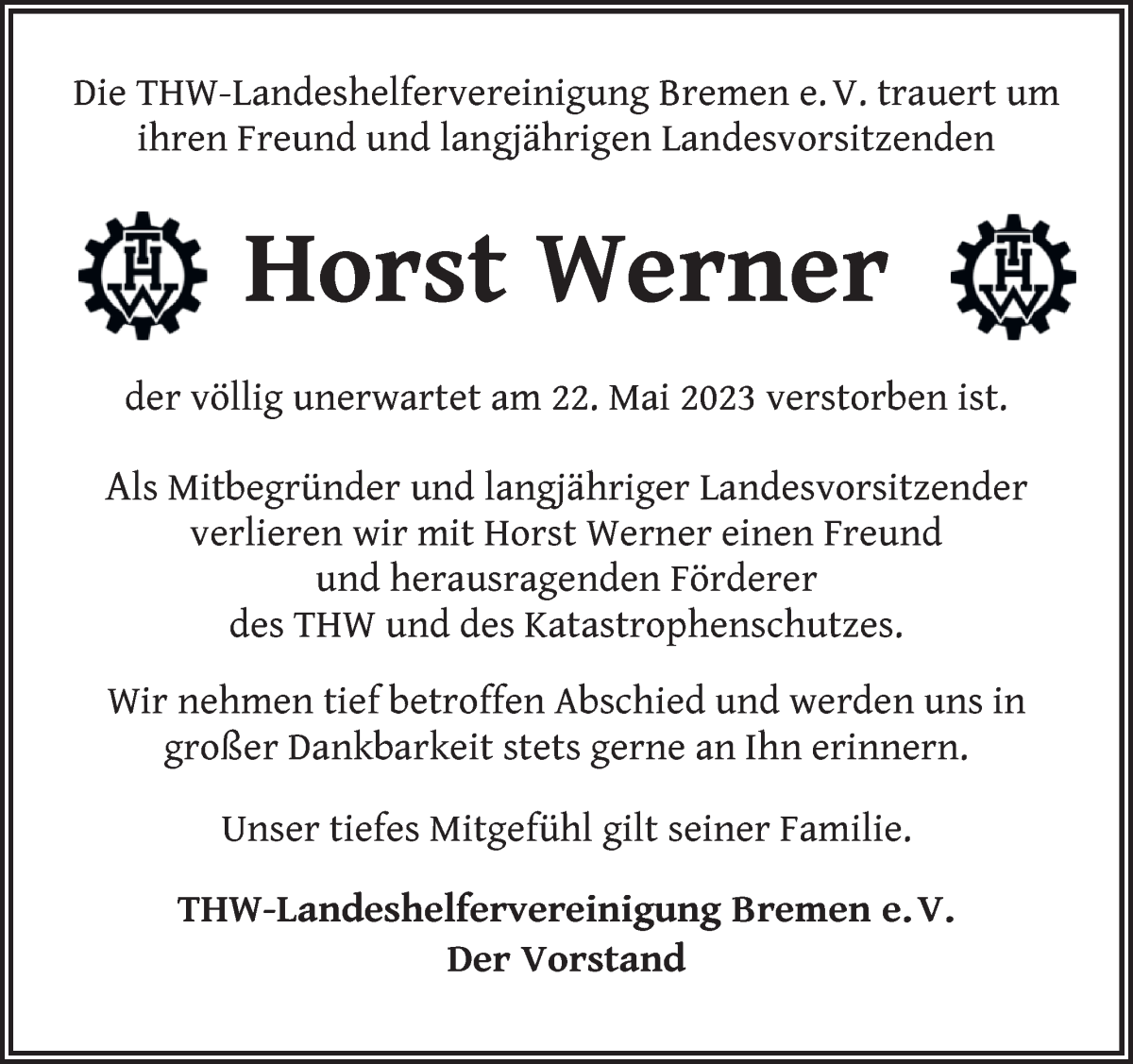 Traueranzeige von Horst Werner von WESER-KURIER