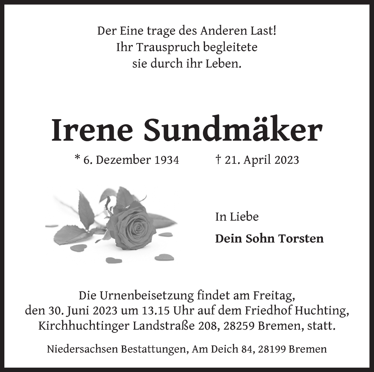 Traueranzeige von Irene Sundmäker von WESER-KURIER