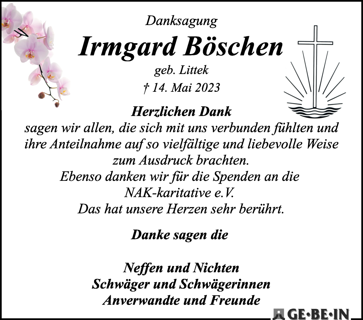 Traueranzeige von Irmgard Böschen von WESER-KURIER
