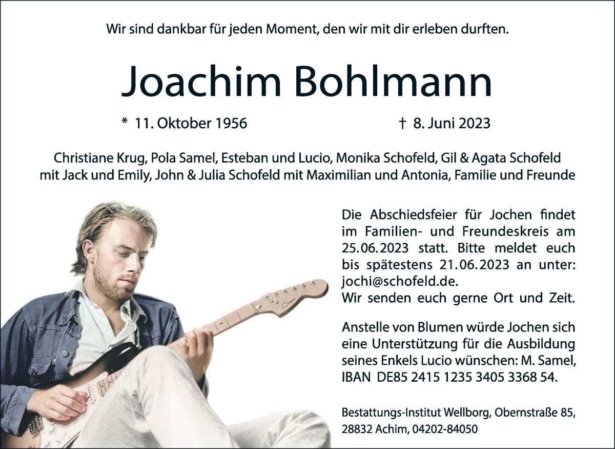  Traueranzeige für Joachim Bohlmann vom 17.06.2023 aus WESER-KURIER