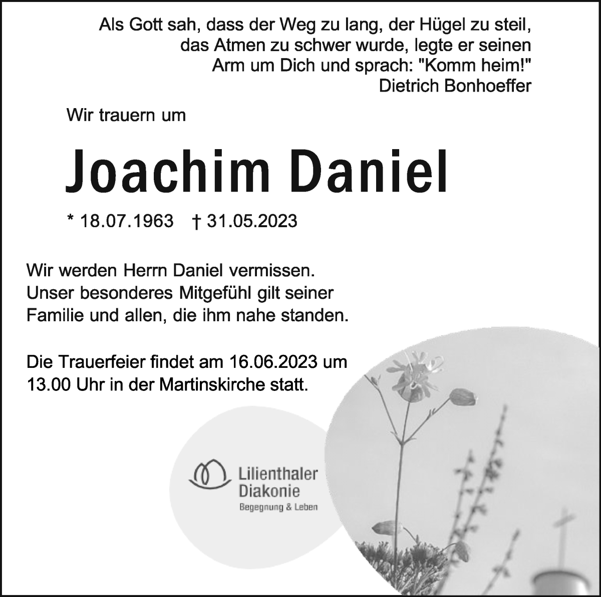  Traueranzeige für Joachim Daniel vom 10.06.2023 aus Wuemme Zeitung