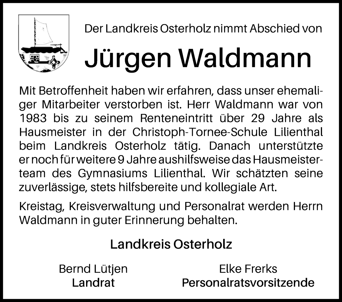 Traueranzeige von Jürgen Waldmann von Wuemme Zeitung