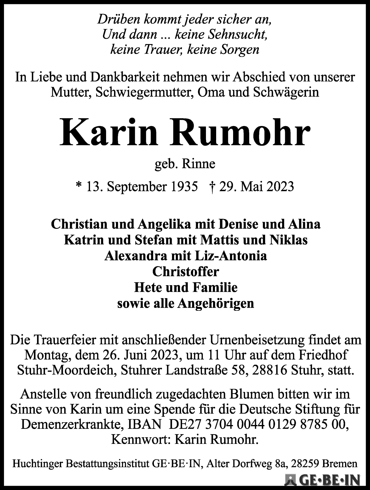 Traueranzeige von Karin Rumohr von WESER-KURIER