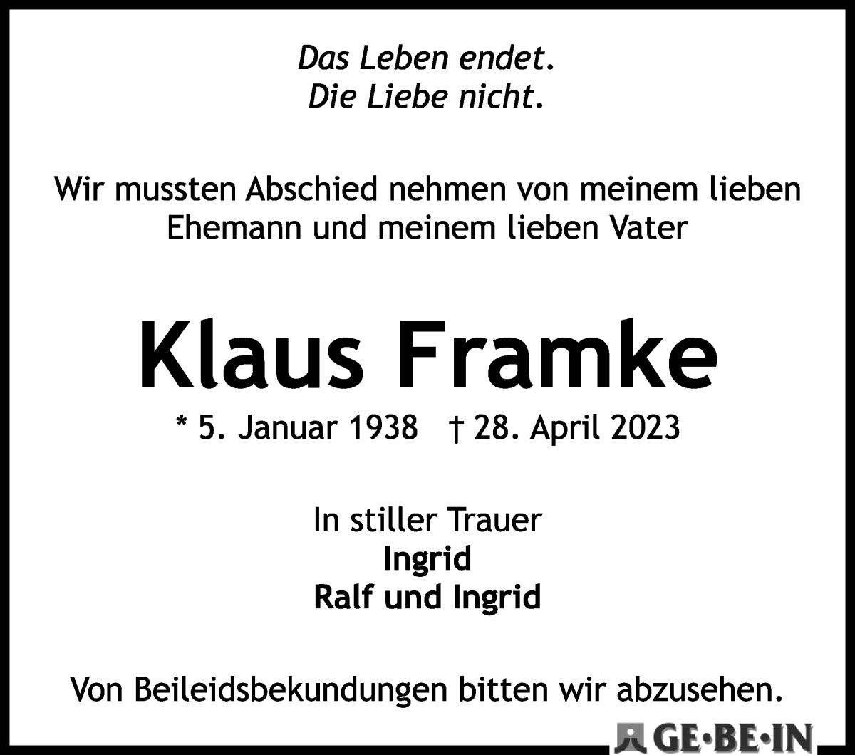 Traueranzeige von Klaus Framke von WESER-KURIER