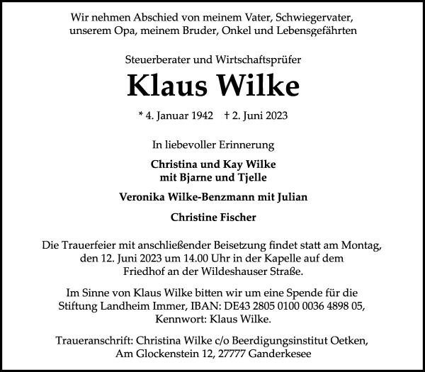 Traueranzeige von Klaus Wilke von WESER-KURIER