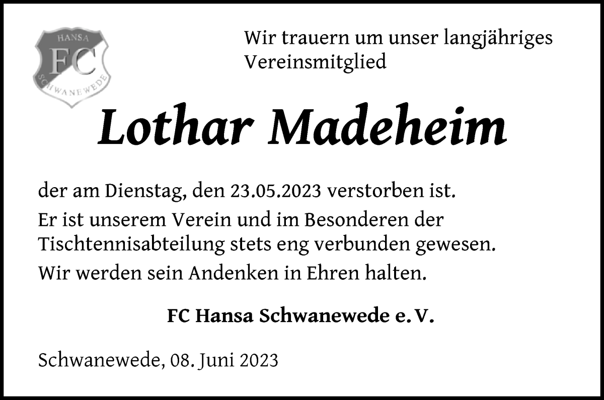 Traueranzeige von Lothar Madeheim von Die Norddeutsche