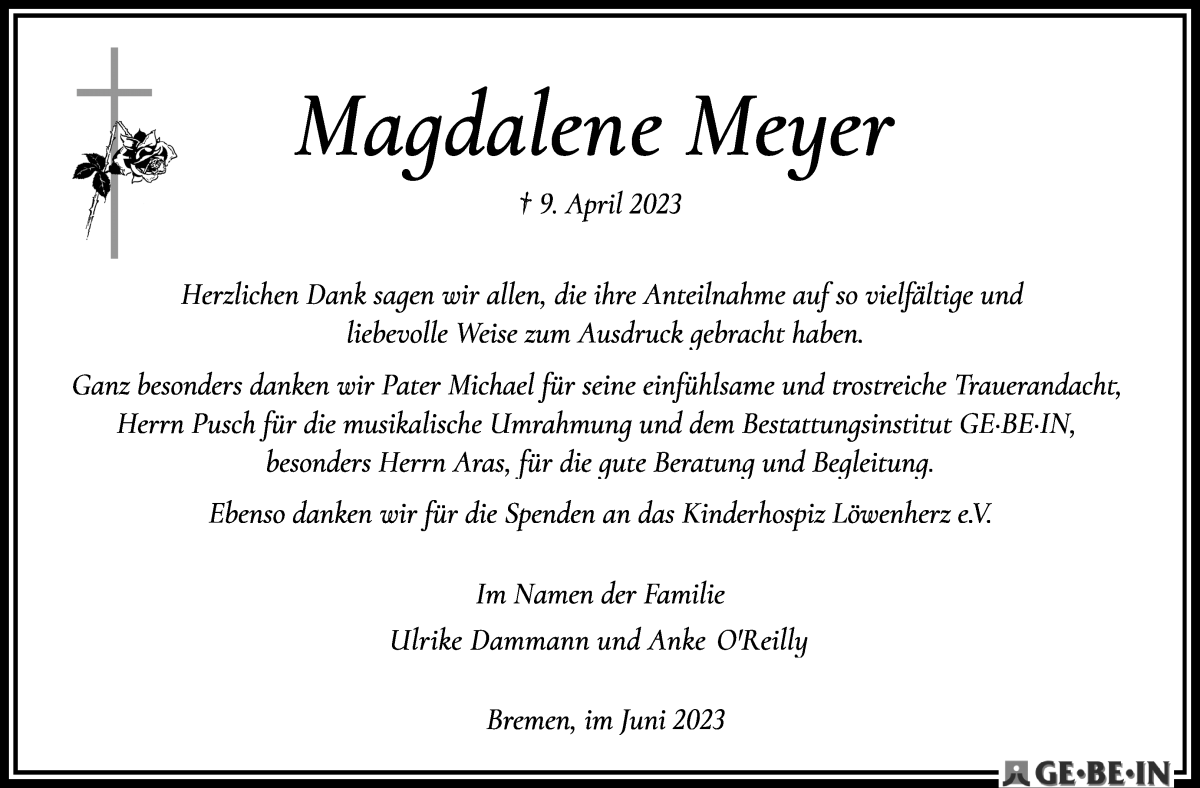 Traueranzeige von Magdalene Meyer von WESER-KURIER