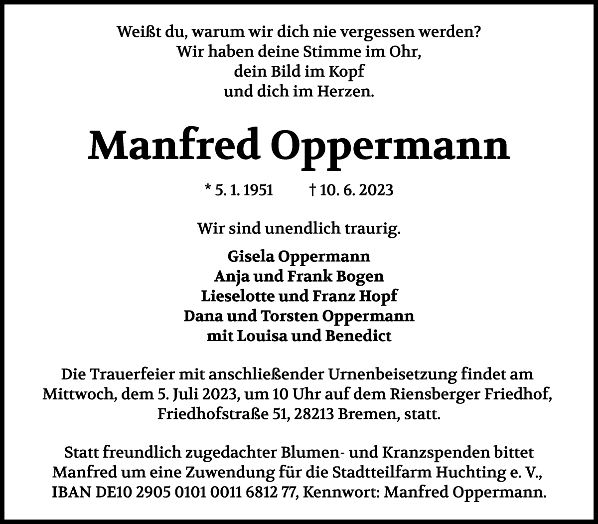  Traueranzeige für Manfred Oppermann vom 17.06.2023 aus WESER-KURIER