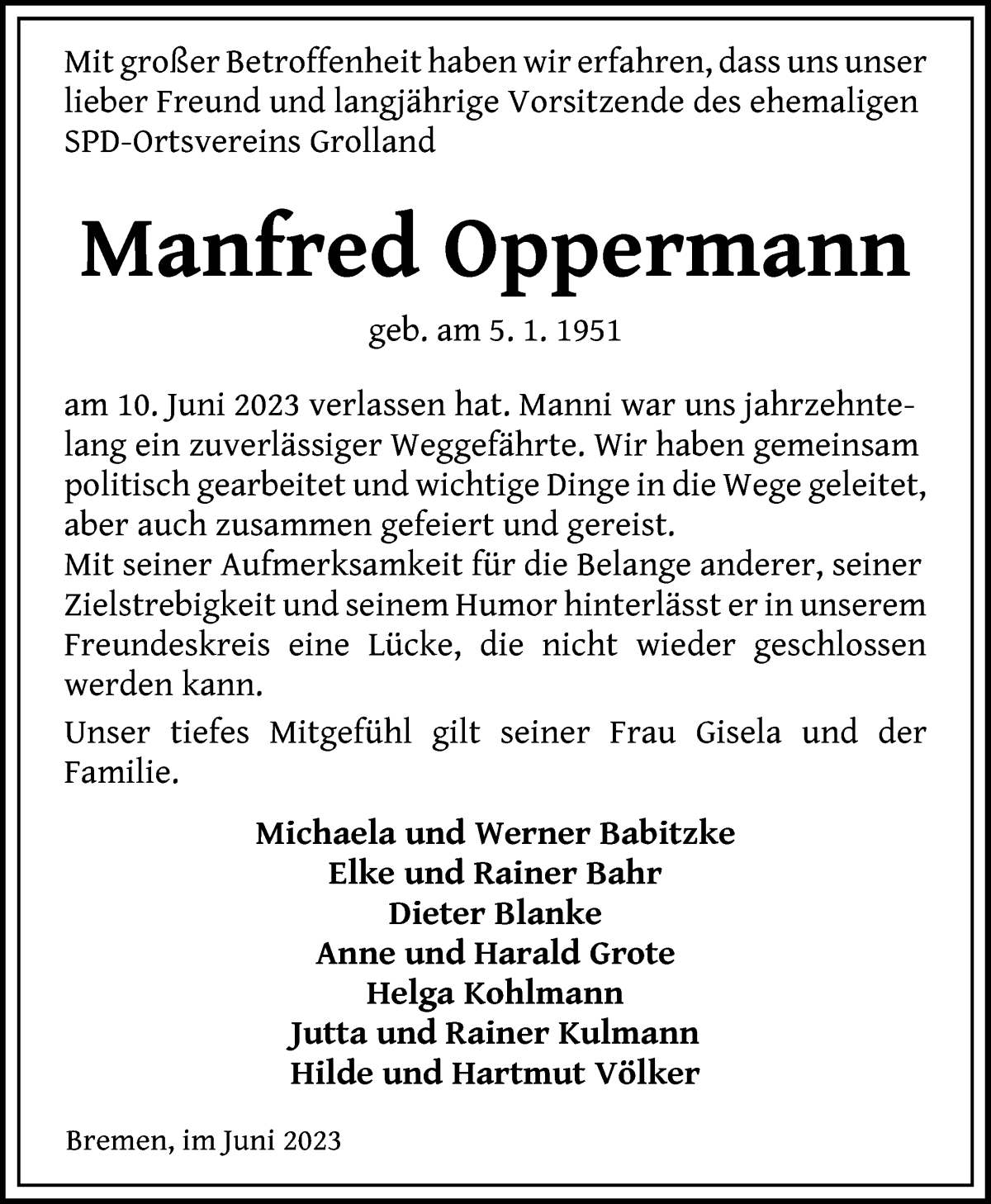  Traueranzeige für Manfred Oppermann vom 17.06.2023 aus WESER-KURIER