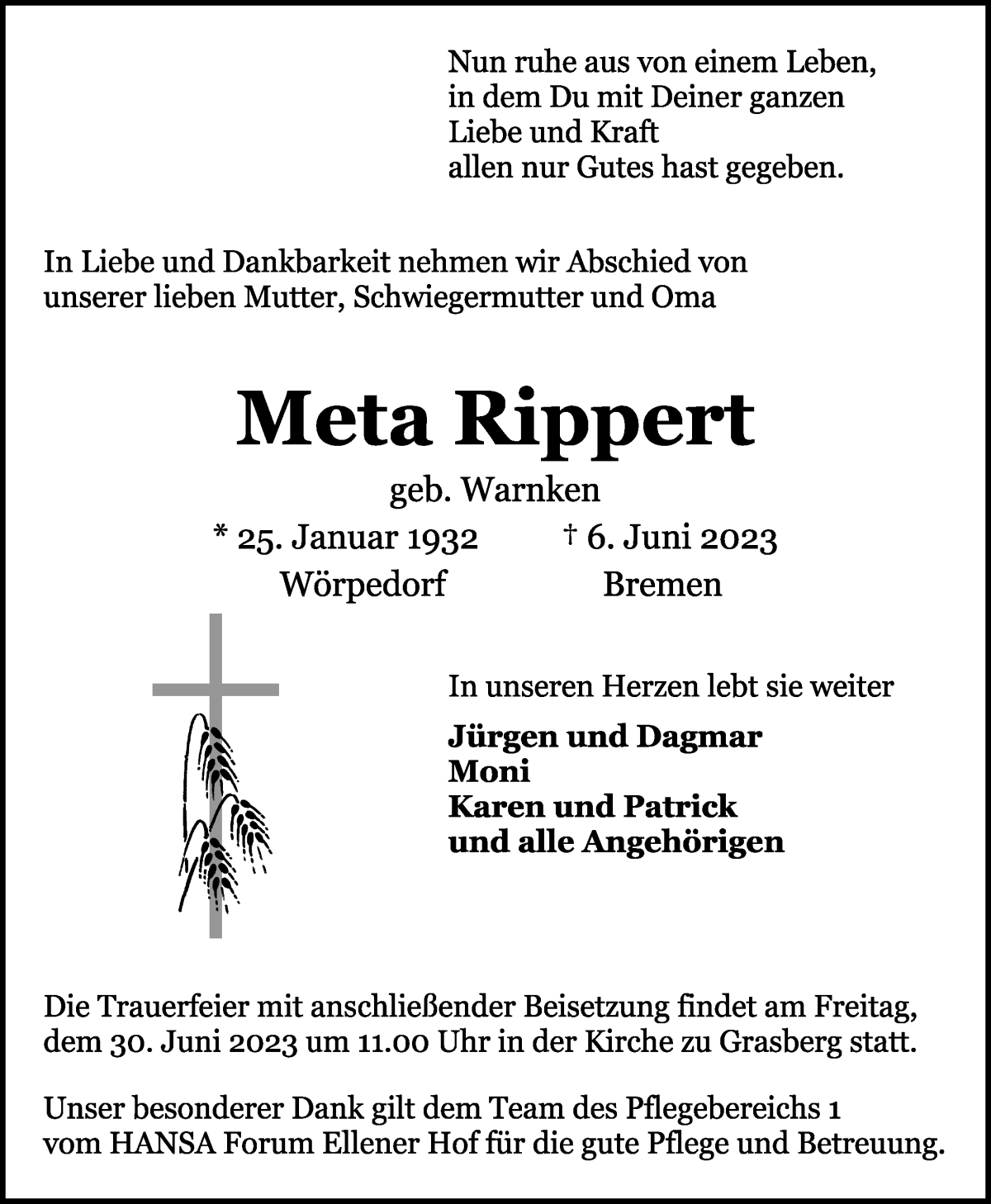 Traueranzeige von Meta Rippert von WESER-KURIER