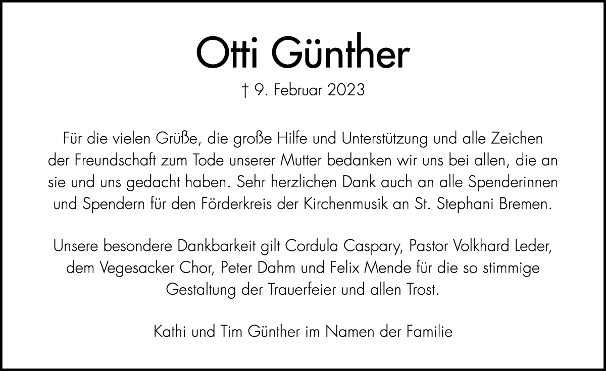  Traueranzeige für Otti Günther vom 03.06.2023 aus Die Norddeutsche