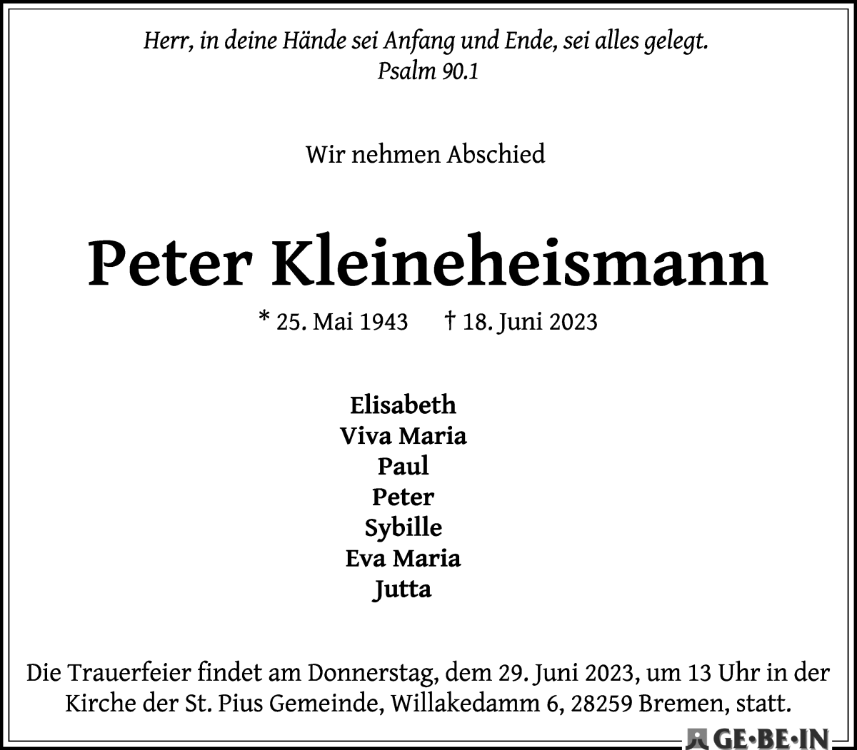  Traueranzeige für Peter Kleineheismann vom 24.06.2023 aus WESER-KURIER