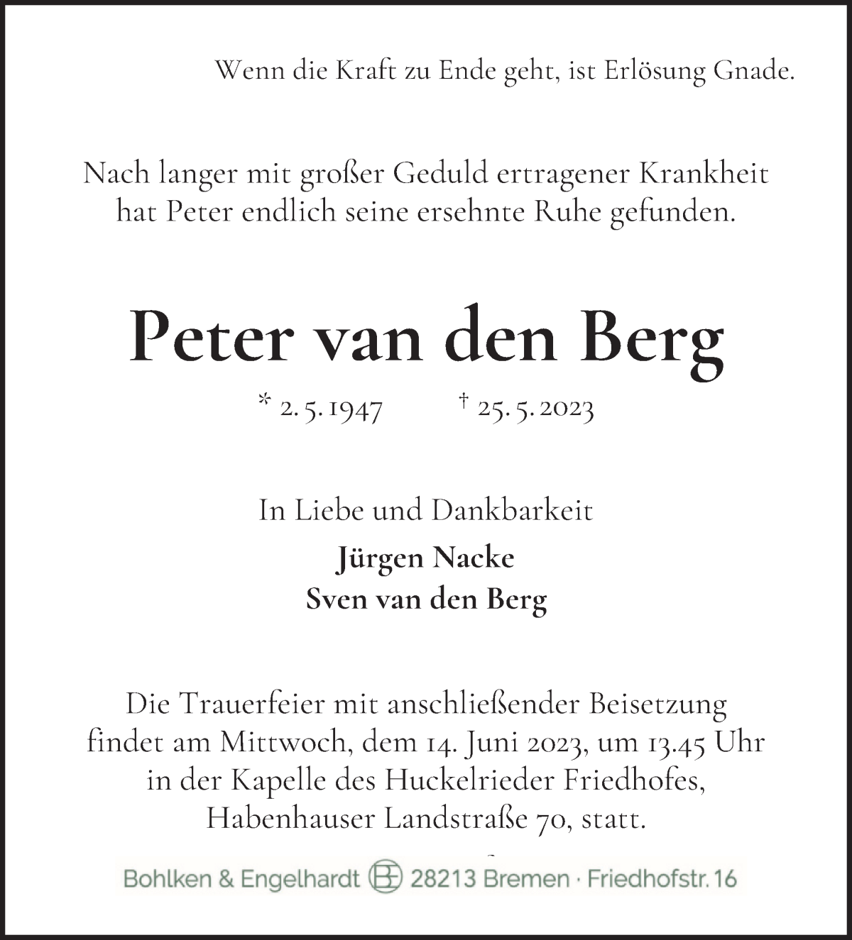  Traueranzeige für Peter van den Berg vom 03.06.2023 aus WESER-KURIER