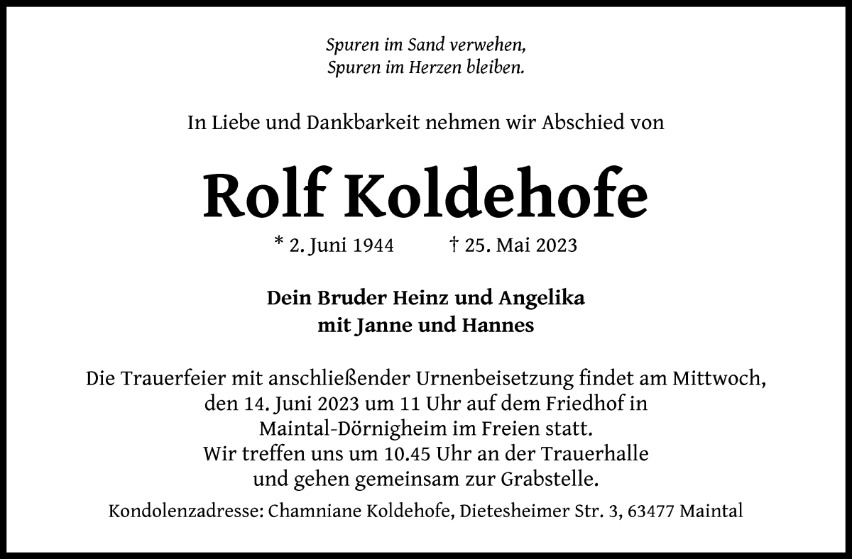 Traueranzeige von Rolf Koldehofe von WESER-KURIER