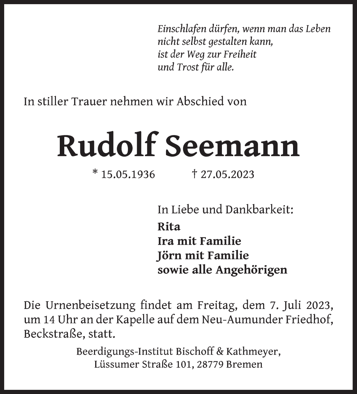 Traueranzeige von Rudolf Seemann von Die Norddeutsche