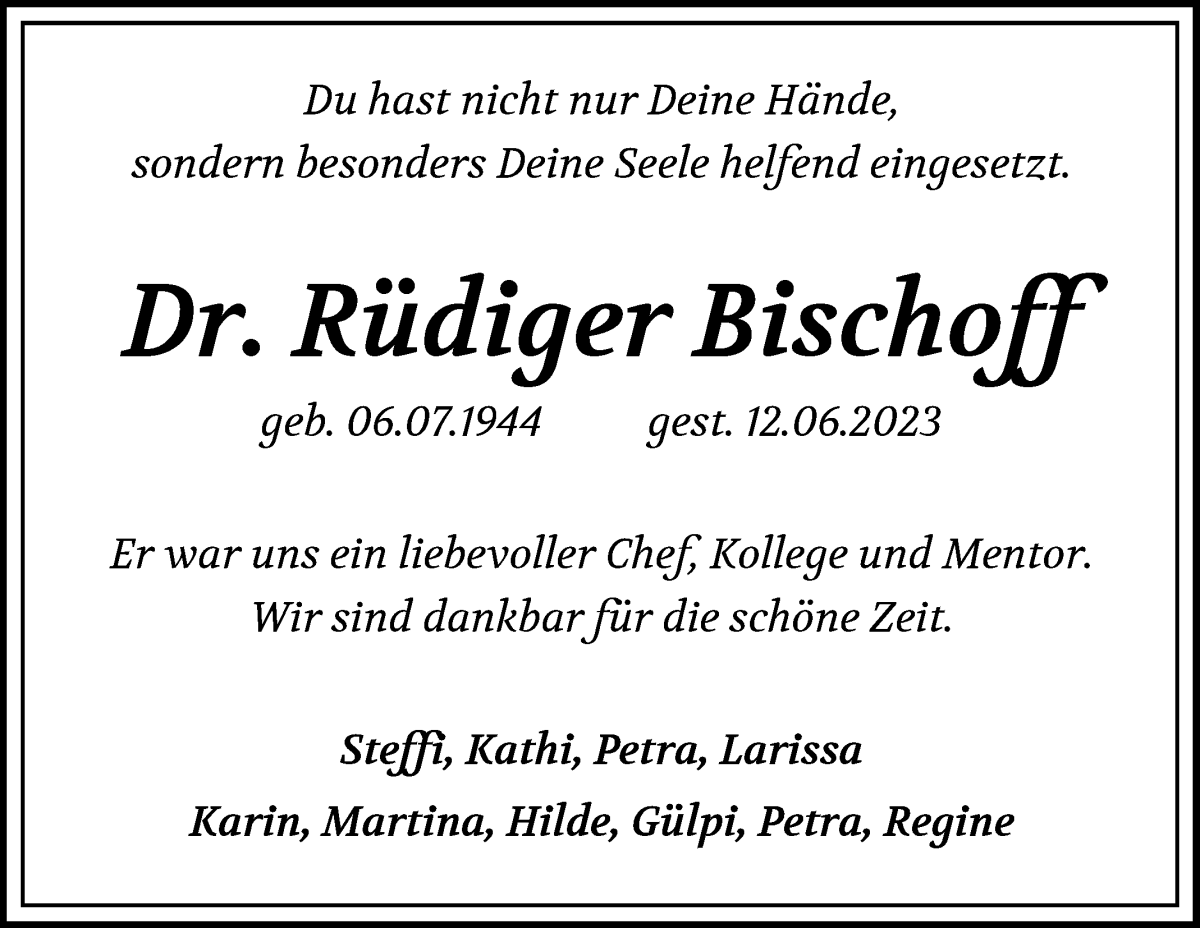 Traueranzeige von Rüdiger Bischoff von Wuemme Zeitung