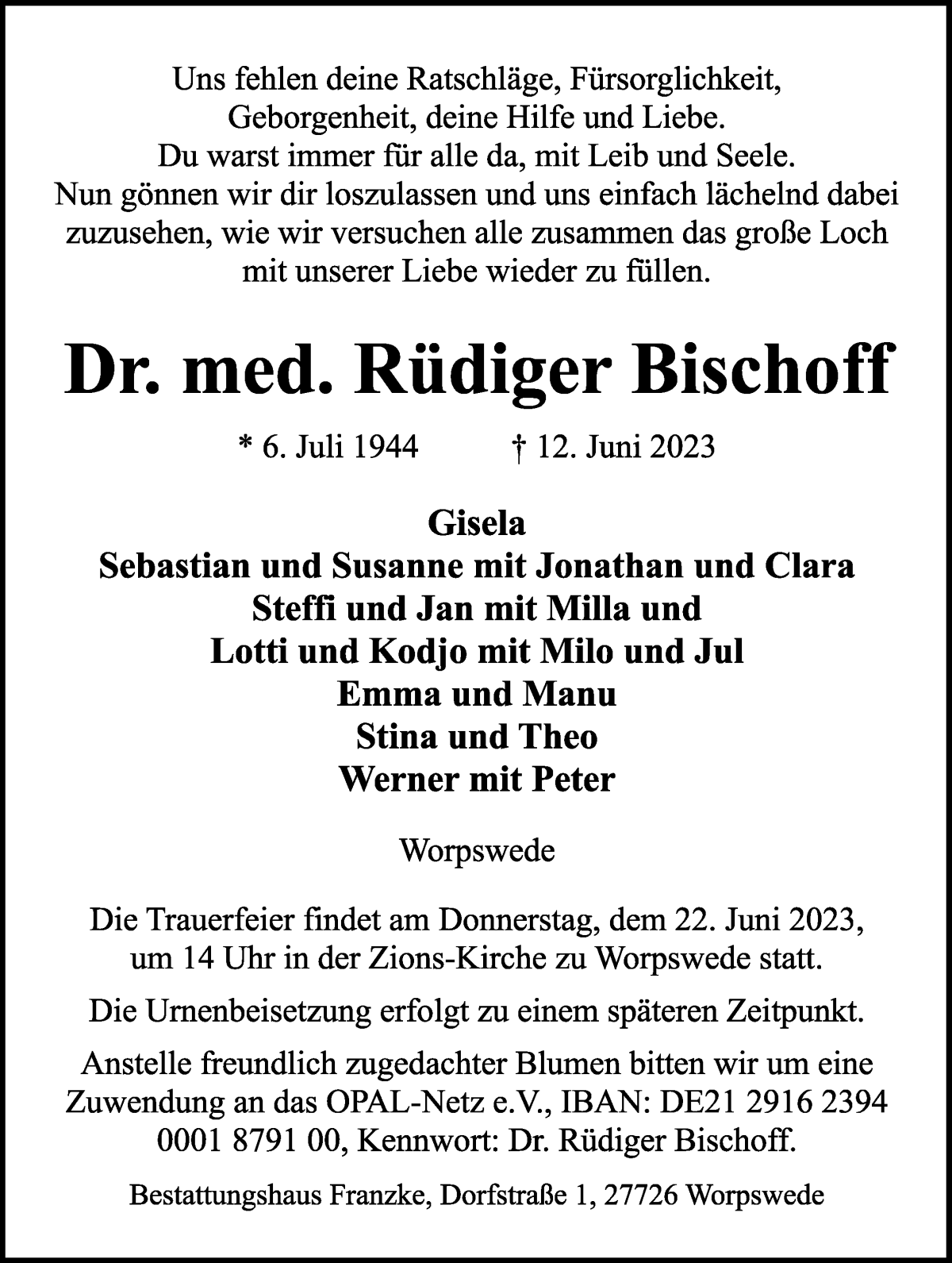 Traueranzeige von Rüdiger Bischoff von Wuemme Zeitung