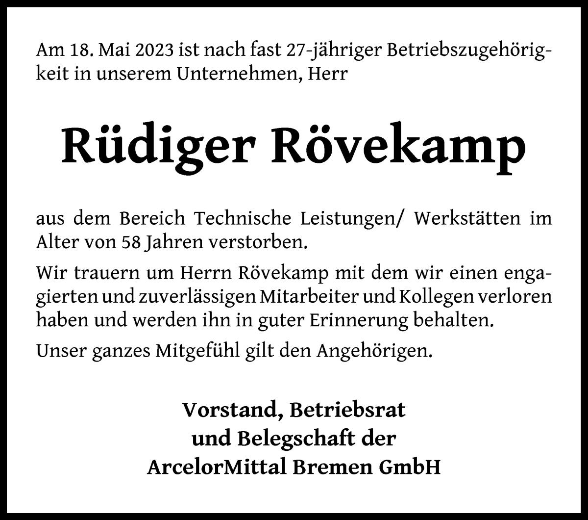  Traueranzeige für Rüdiger Rövekamp vom 03.06.2023 aus WESER-KURIER