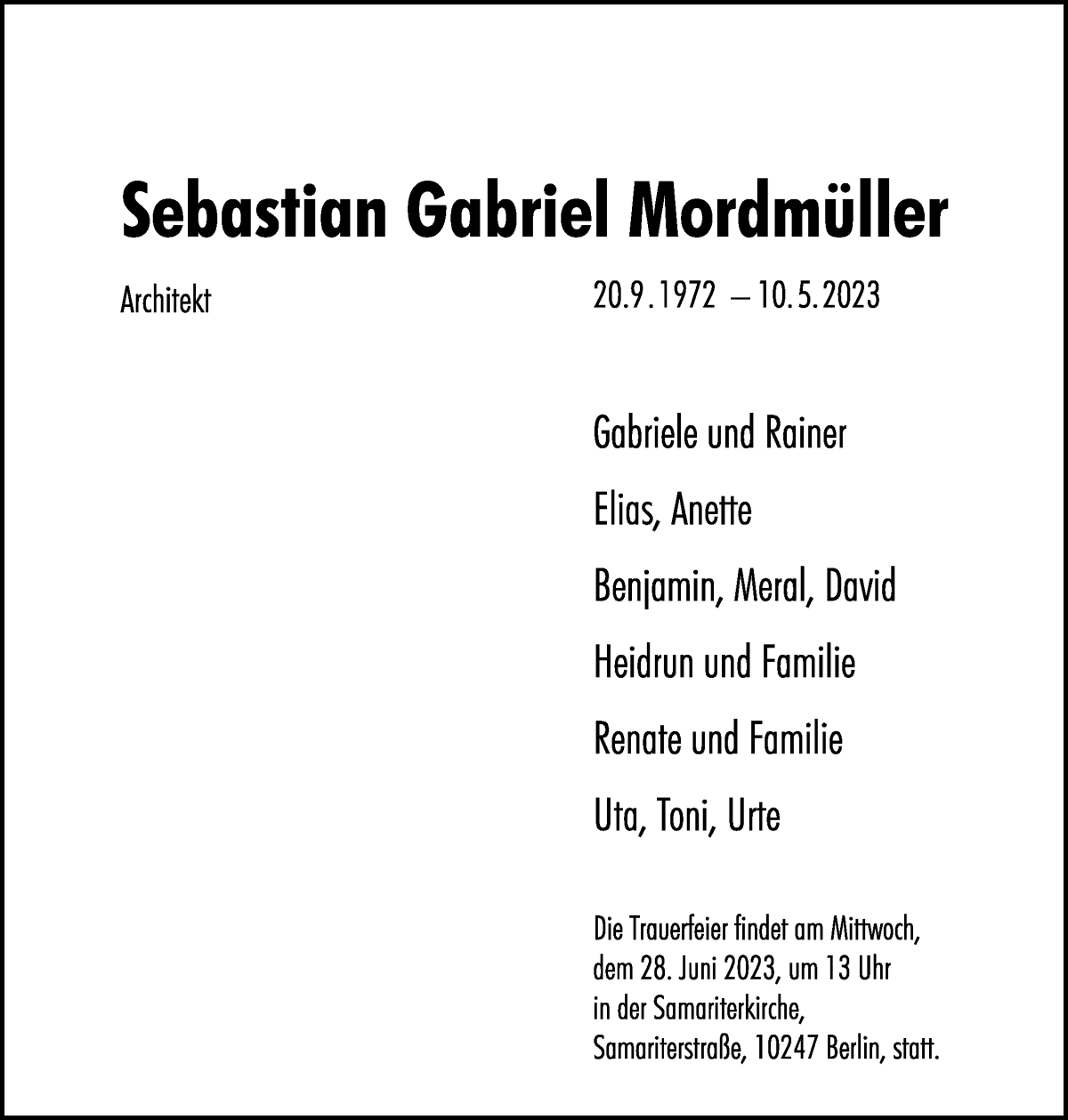 Traueranzeige von Sebastian Mordmüller von WESER-KURIER