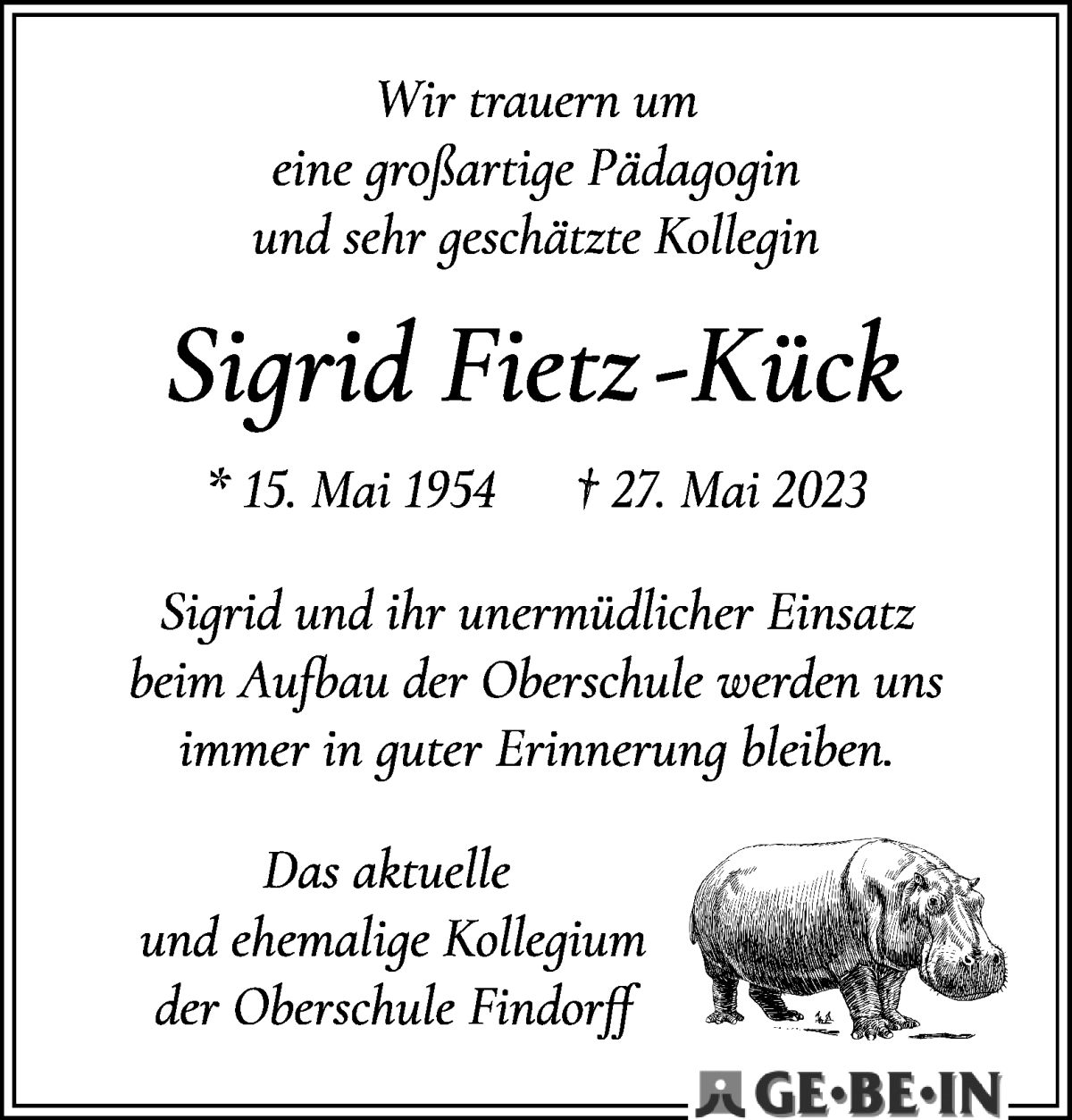  Traueranzeige für Sigrid Fietz-Kück vom 10.06.2023 aus WESER-KURIER