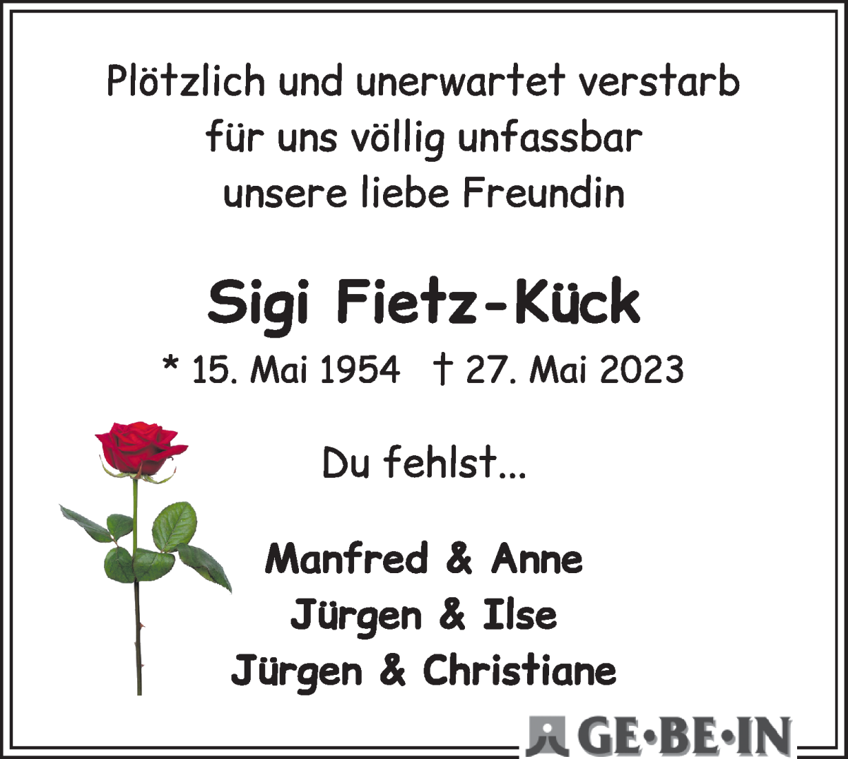  Traueranzeige für Sigrid Fietz-Kück vom 10.06.2023 aus WESER-KURIER
