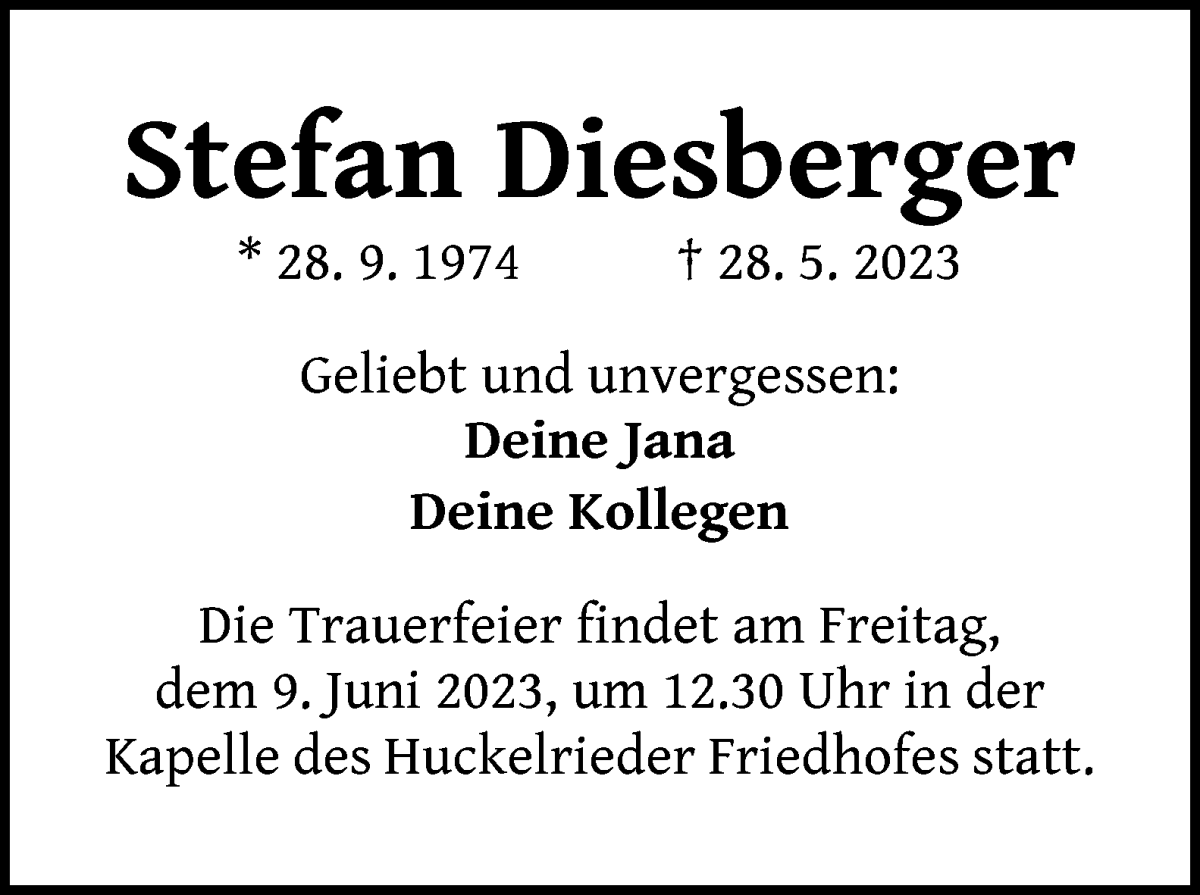  Traueranzeige für Stefan Diesberger vom 03.06.2023 aus WESER-KURIER