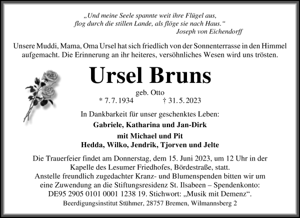 Traueranzeige von Ursel Bruns von Die Norddeutsche