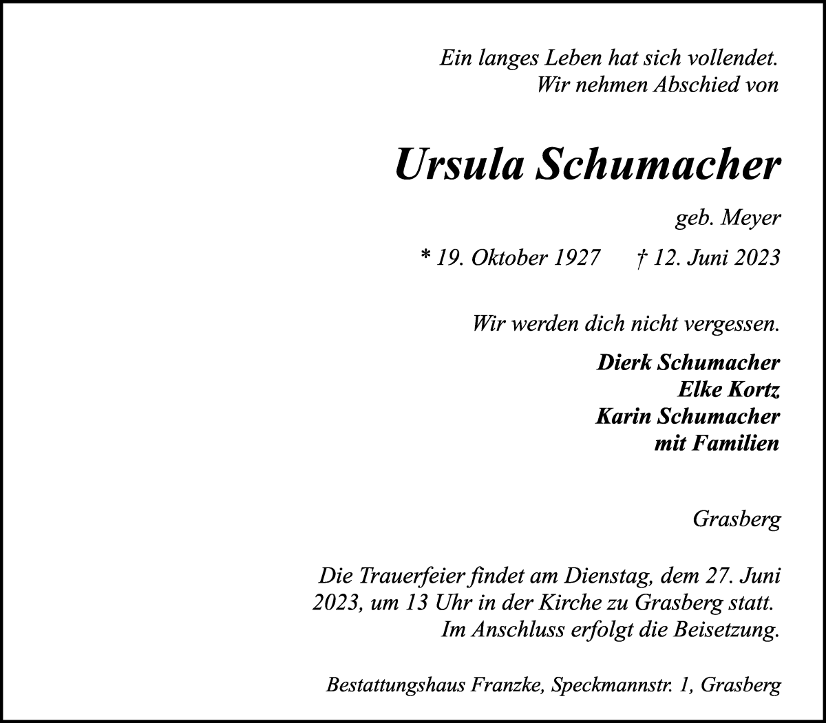 Traueranzeige von Ursula Schumacher von Wuemme Zeitung