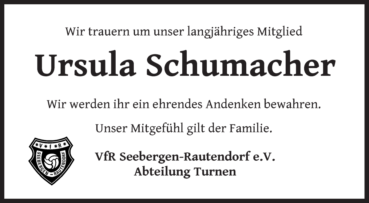 Traueranzeige von Ursula Schumacher von Wuemme Zeitung