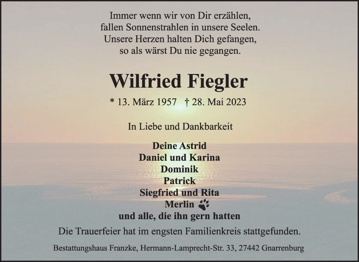 Traueranzeige von Wilfried Fiegler von Osterholzer Kreisblatt