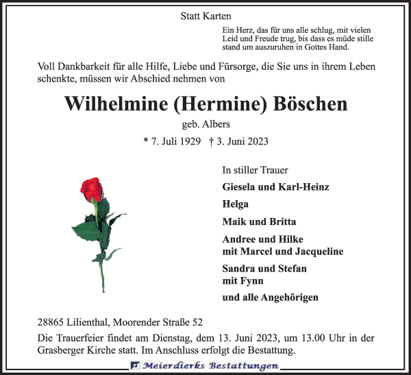 Traueranzeige von Wilhelmine (Hermine) Böschen von Wuemme Zeitung