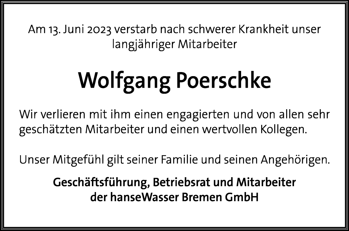 Traueranzeige von Wolfgang Poerschke von WESER-KURIER