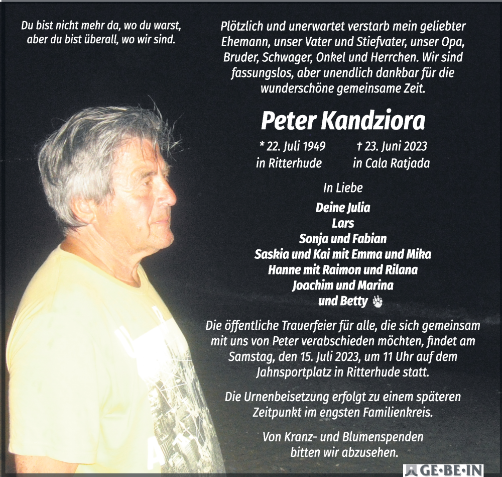  Traueranzeige für Peter Kandziora vom 08.07.2023 aus Osterholzer Kreisblatt