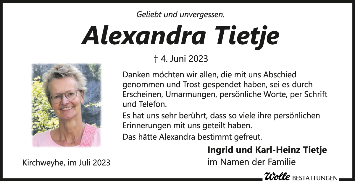 Traueranzeigen Von Alexandra Tietje | Trauer & Gedenken