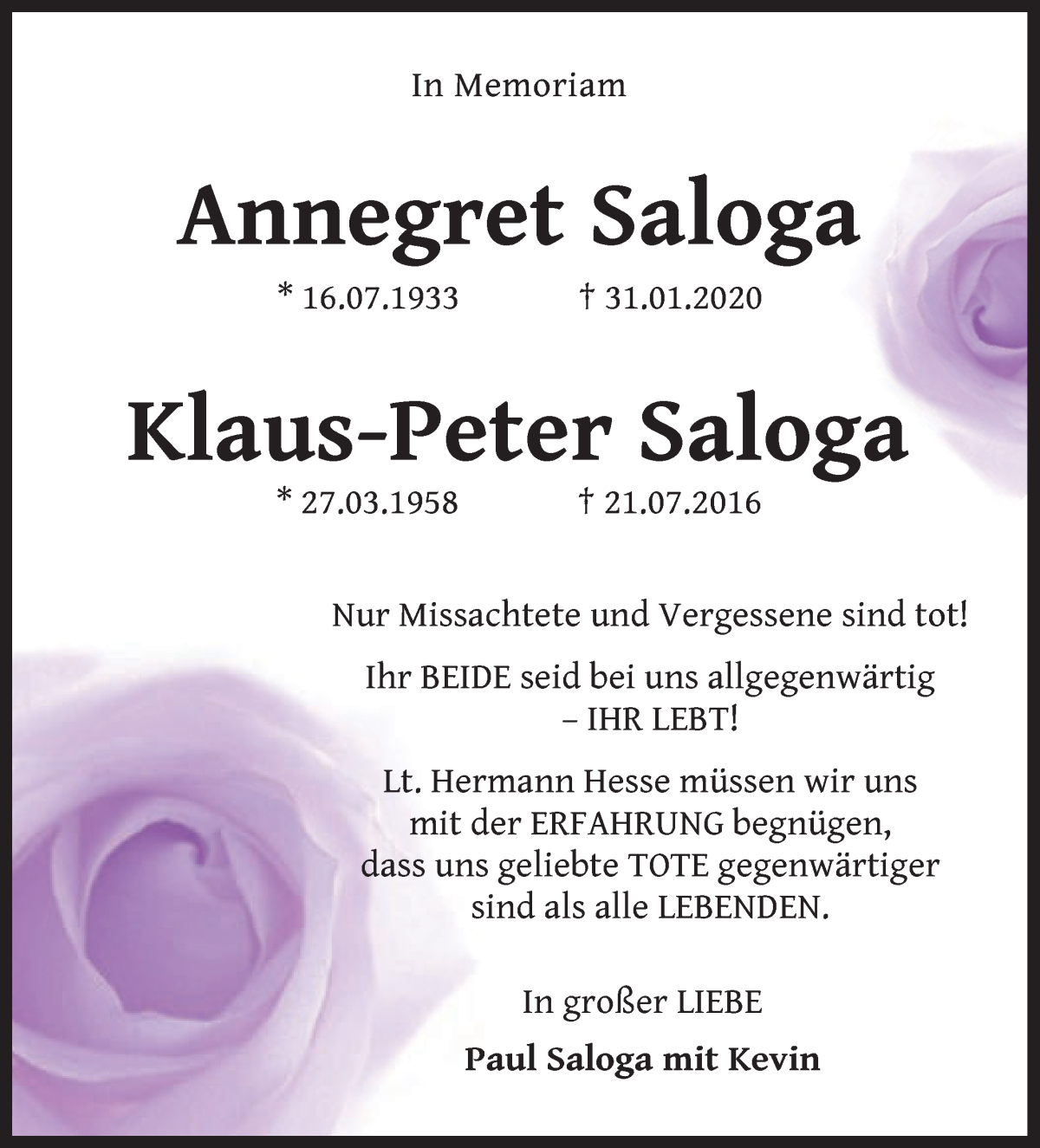 Traueranzeige von Annegret und Klaus-Peter Saloga von WESER-KURIER