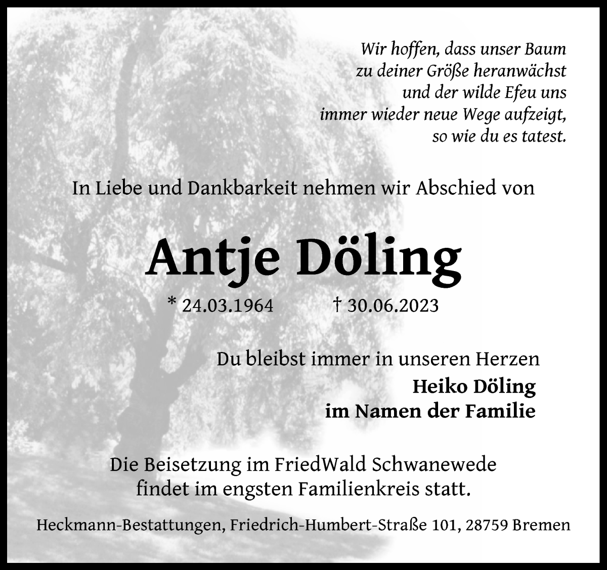  Traueranzeige für Antje Döling vom 15.07.2023 aus WESER-KURIER