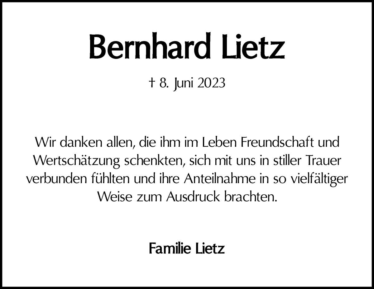  Traueranzeige für Bernhard Lietz vom 15.07.2023 aus WESER-KURIER