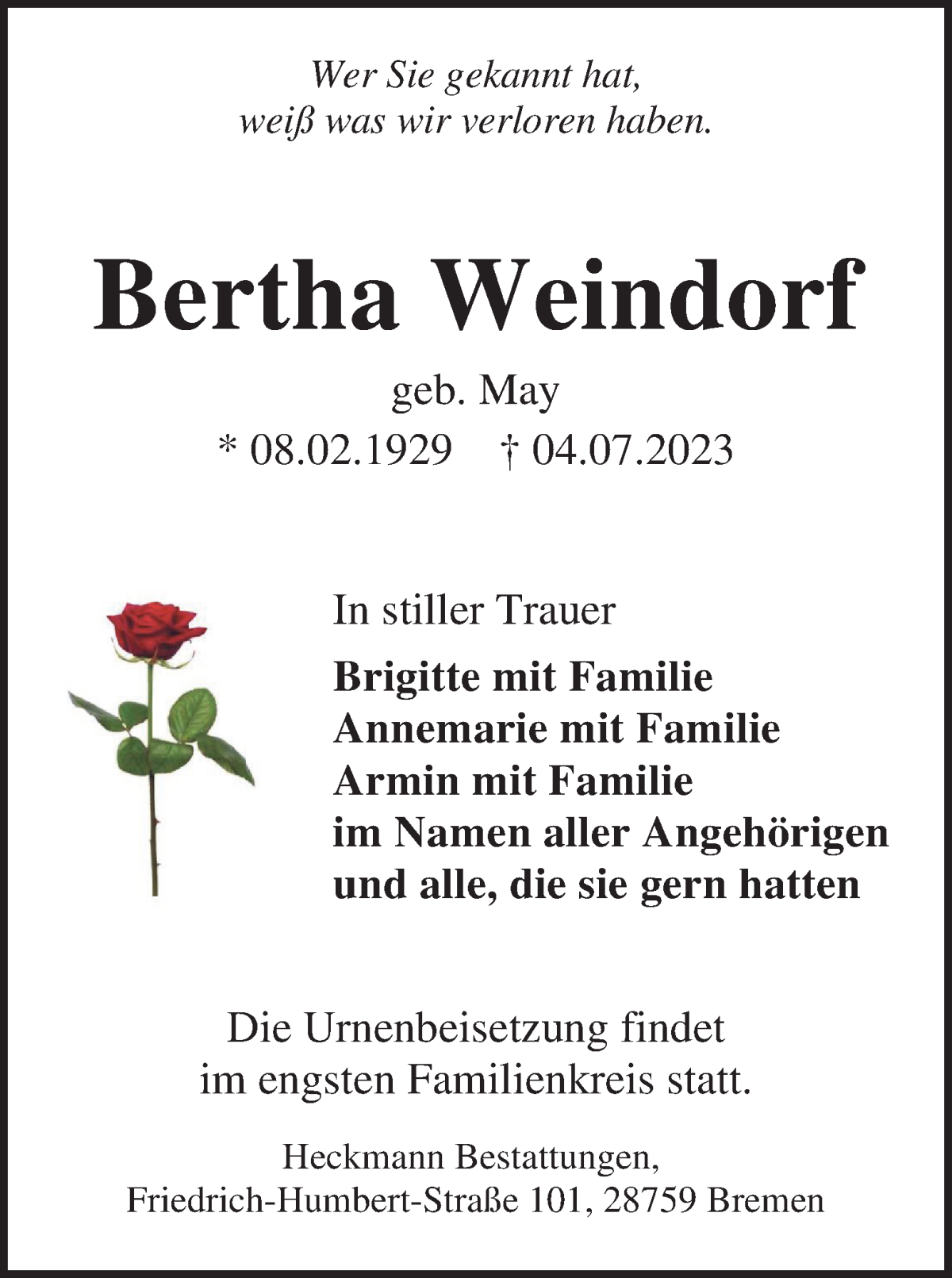 Traueranzeige von Bertha Weindorf von WESER-KURIER