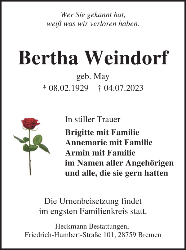 Traueranzeige von Bertha Weindorf