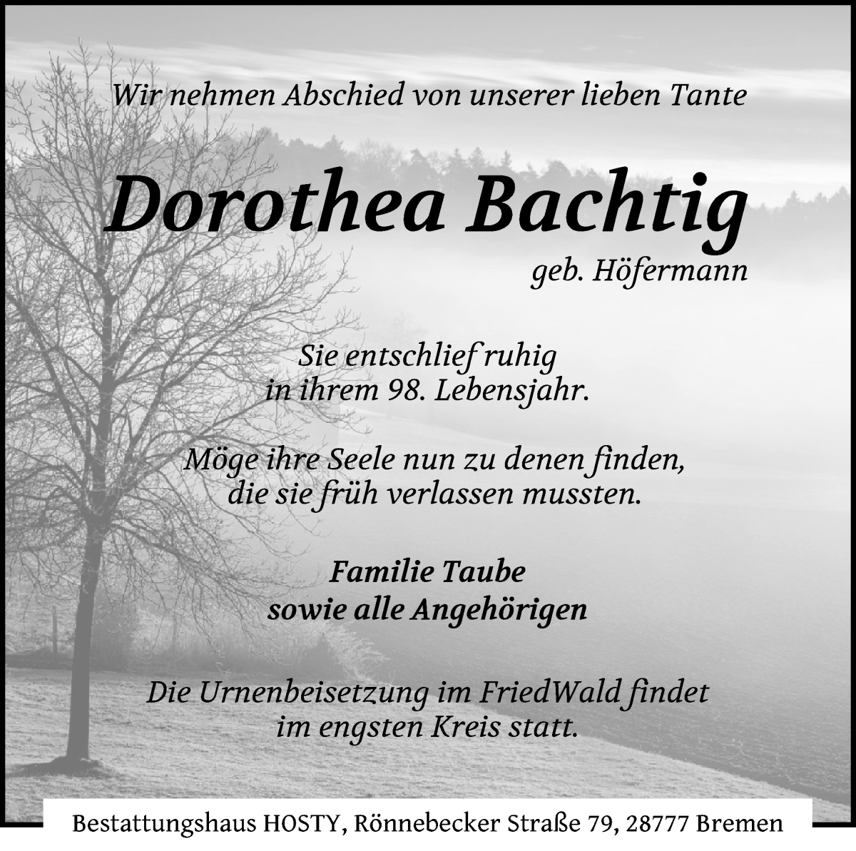 Traueranzeige von Dorothea Bachtig von Die Norddeutsche