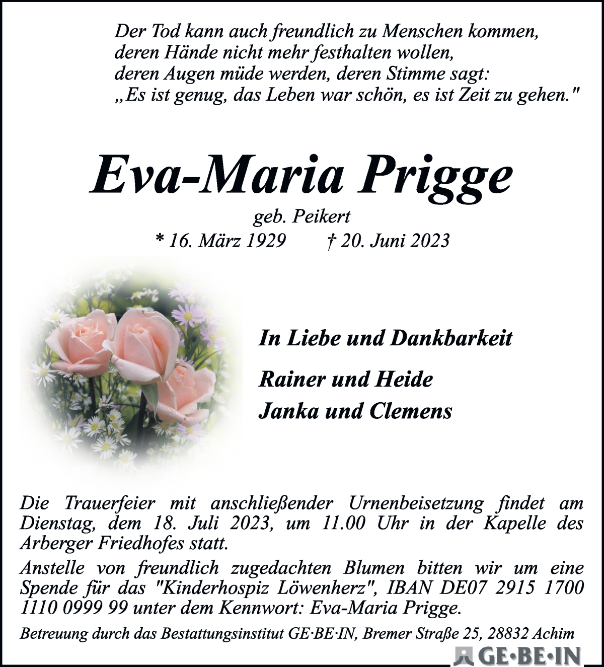 Traueranzeige von Eva-Maria Prigge von WESER-KURIER